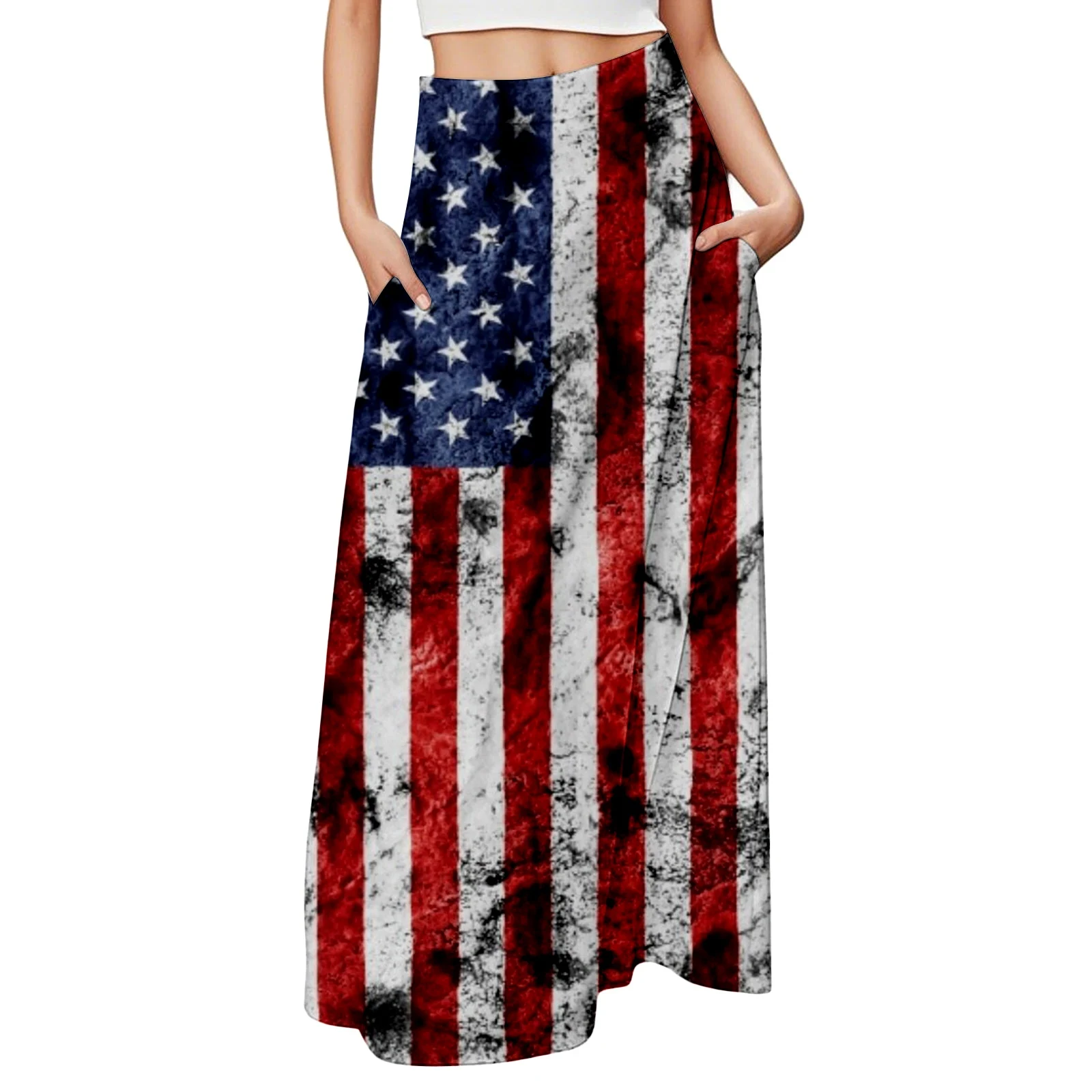 

2025 Independence Day Ladies American Flag Print Maxi Skirt Casual Elastic Waist Half Skirt Summer A Line Patriotic Long Skirt