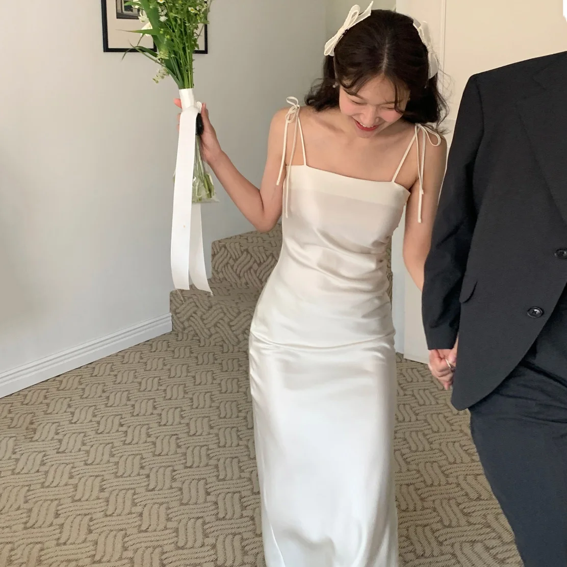 Ele Summer Silk Satin Lungo Dr Abito da donna con cintura dimagrante senza spalline Ladylike Sle Pendolarismo Adatto X-ape Silhouette