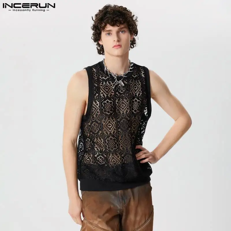 Fashion Well Fitting Tops INCERUN New Men\'s Tracery Perspective Design Vests Casual Sexy Thin Sleeveless O-neck Tank Tops S-5XL