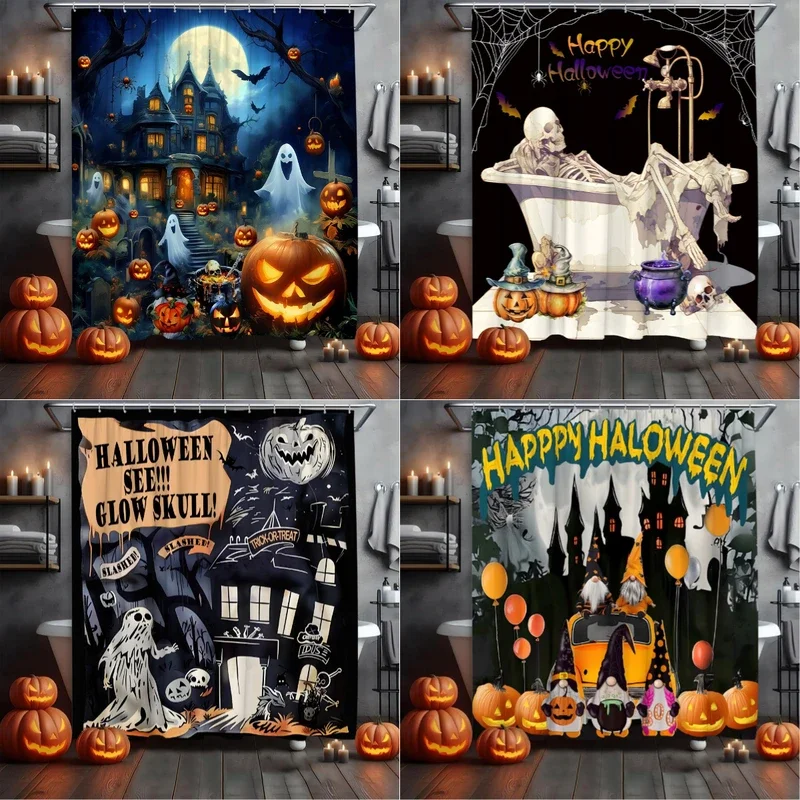 Halloween Shower Curtain Spooky Pumpkin Castle Scary Bat Cat Candle Cobweb Elf Home Polyester Fabric Bathroom Decor Curtain Set