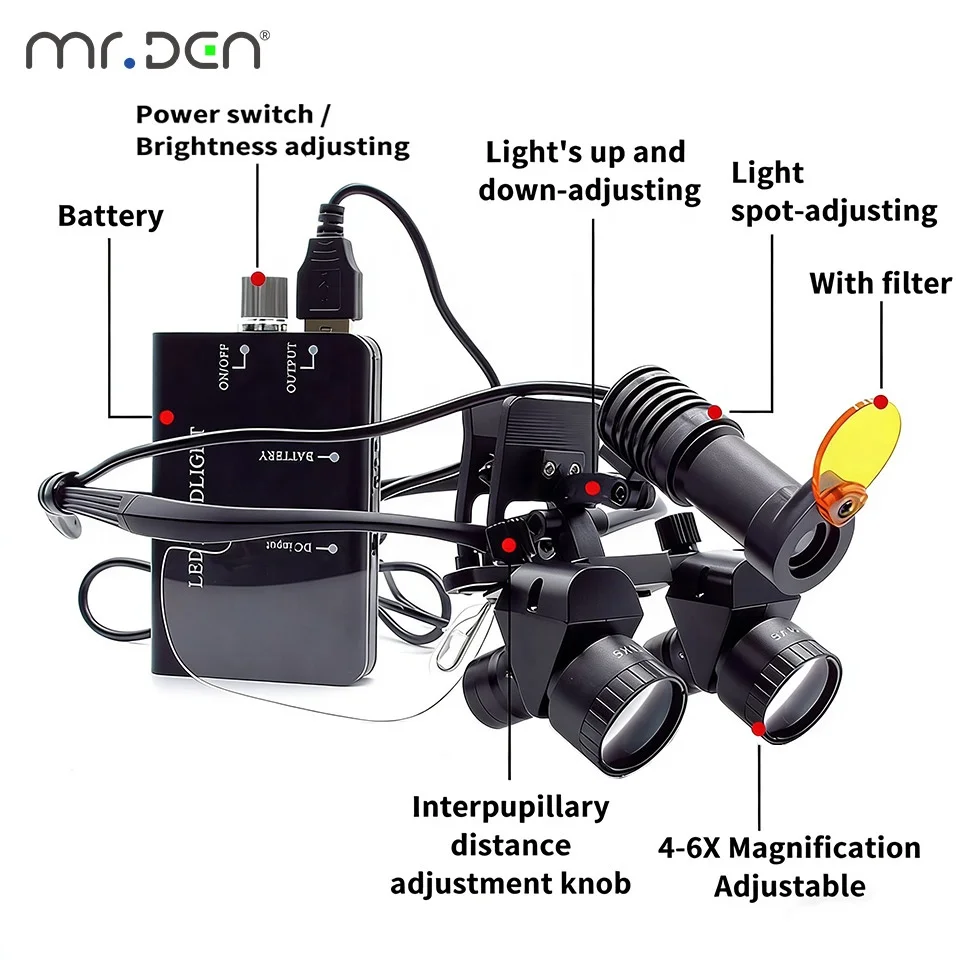 5X Head Mounted Dental Surgical Loupes with LED Headlight Binocular Magnifier for Dentist ENT Surgery