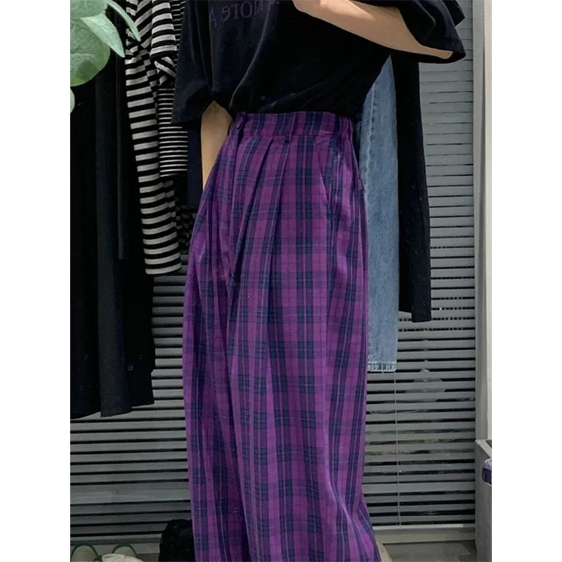 MEXZT Vintage Plaid Wide Leg Pants Women High Waist Straight Casual Trousers Harajuku Korean Fashion Loose All Match Full Length