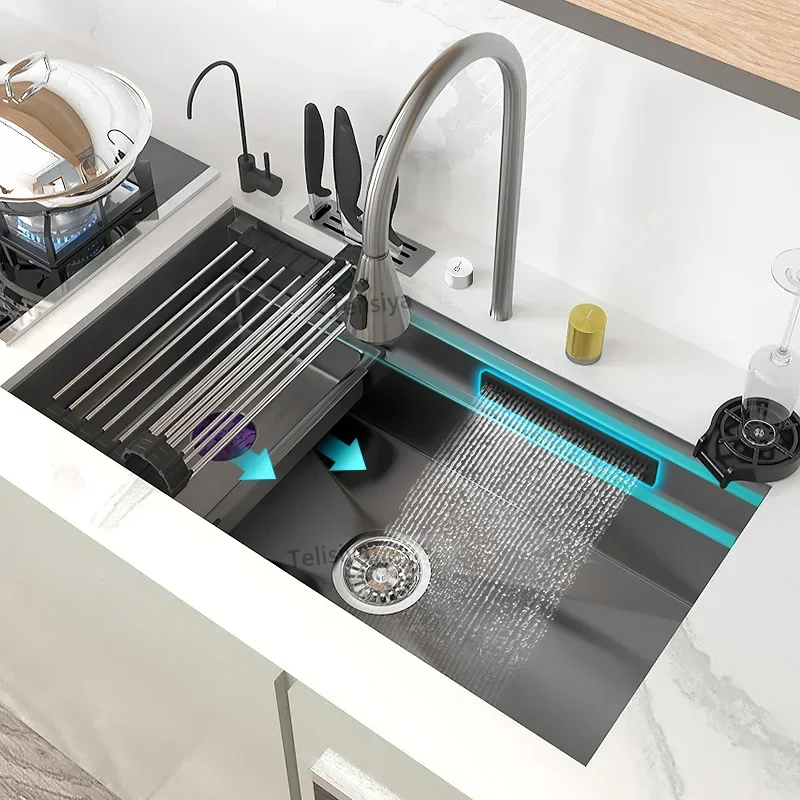 Stainless Steel Kitchen Sink Waterfall  Large Single Slot Multi-functional Wash Basin Can Be Installed Under The Counter