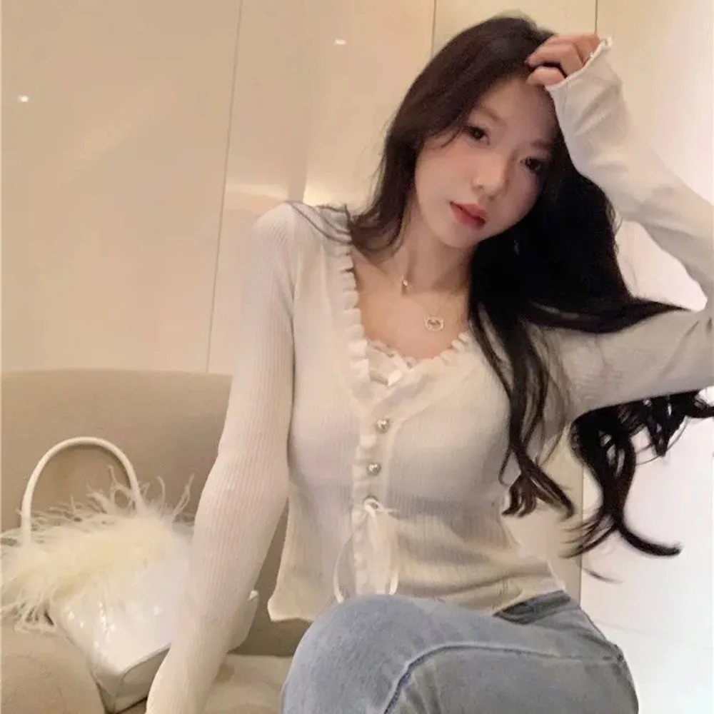 

Кружевные лоскутные вязаные топы из двух предметов Mujer 2024, осенние новые кардиганы, футболки Y2k, облегающие футболки с длинными рукавами, свитера