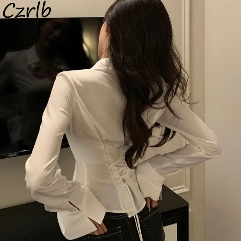 Lace Up Shirts Women Flare Sleeve Solid Ulzzang Hotsweet Slim Spring Casual Simple Cozy Female Streetwear All-match New Daily