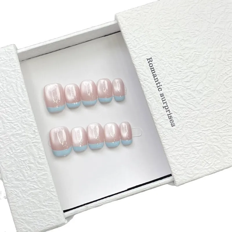 10st Franse korte vierkante vorm pers op nagels Kit sprankelende Cat Eye gecombineerd met witte Franse tips voor vrouwen en meisjes