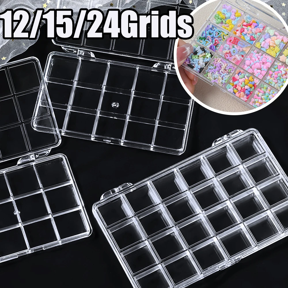 12/15/24Grids Transparent Plastic Nail Art  Storage Box 15X10CM Enlarged&Thickened Nail Charms Box DIY Reusable Storage Tool Box