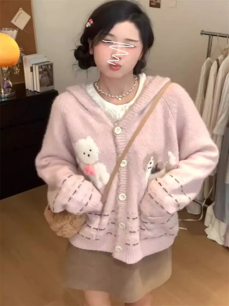 

Harajuku Sweet Kawaii Sweaters Mujer 2025 Autumn New Knitted Cardigan Embroidered Hooded Long Sleeved Top for Women