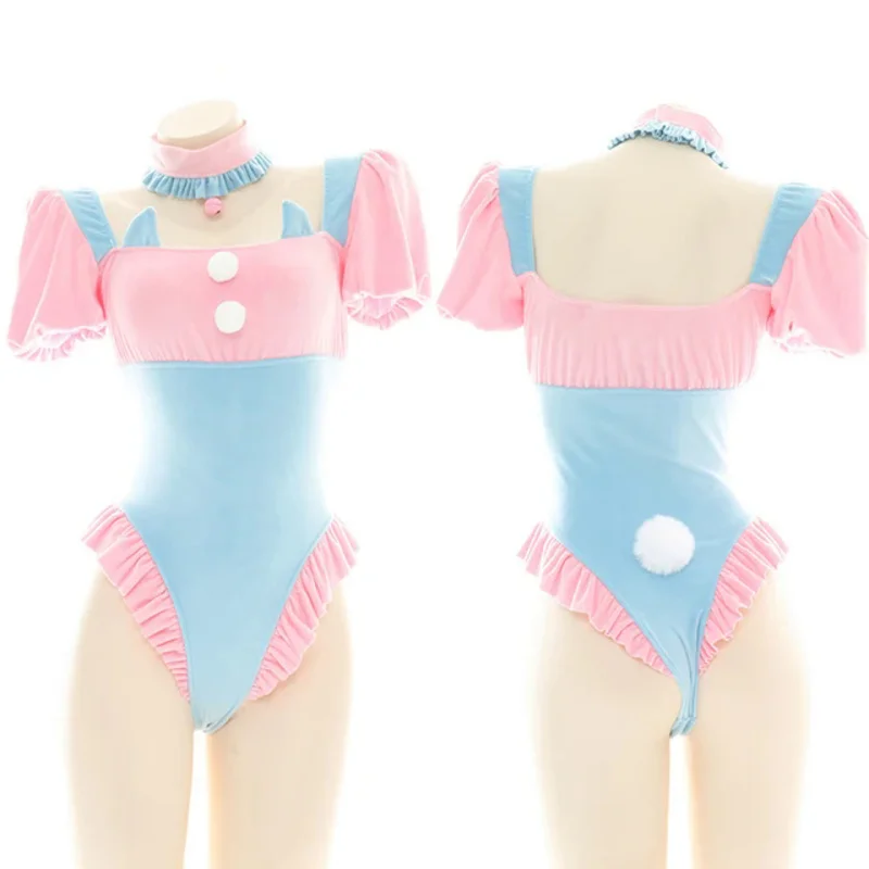 Lolita Blue Pink Puff Sleeve Bodysuit Cute Cat Ears Ruffle Swimwear Japanese School Girl Cosplay Sukumizu Maid Uniform Drop Ship