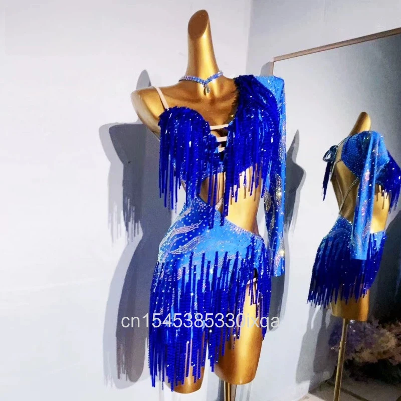 Latin Dance Backless Dress Women Customsized Senior AB Stones Fringe Dresses Rumba Cha Cha Tango Performance Competiton Costumes