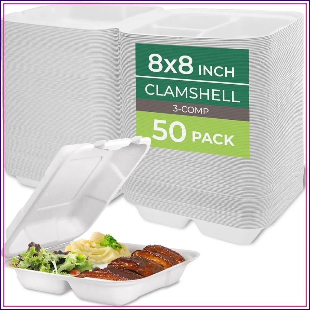 Compostable Clamshell Food Containers 8x8 3-Compartment 50-Pack, Heavy-Duty Sugarcane To-Go Boxes, Microwave & Freezer Safe, Stackable