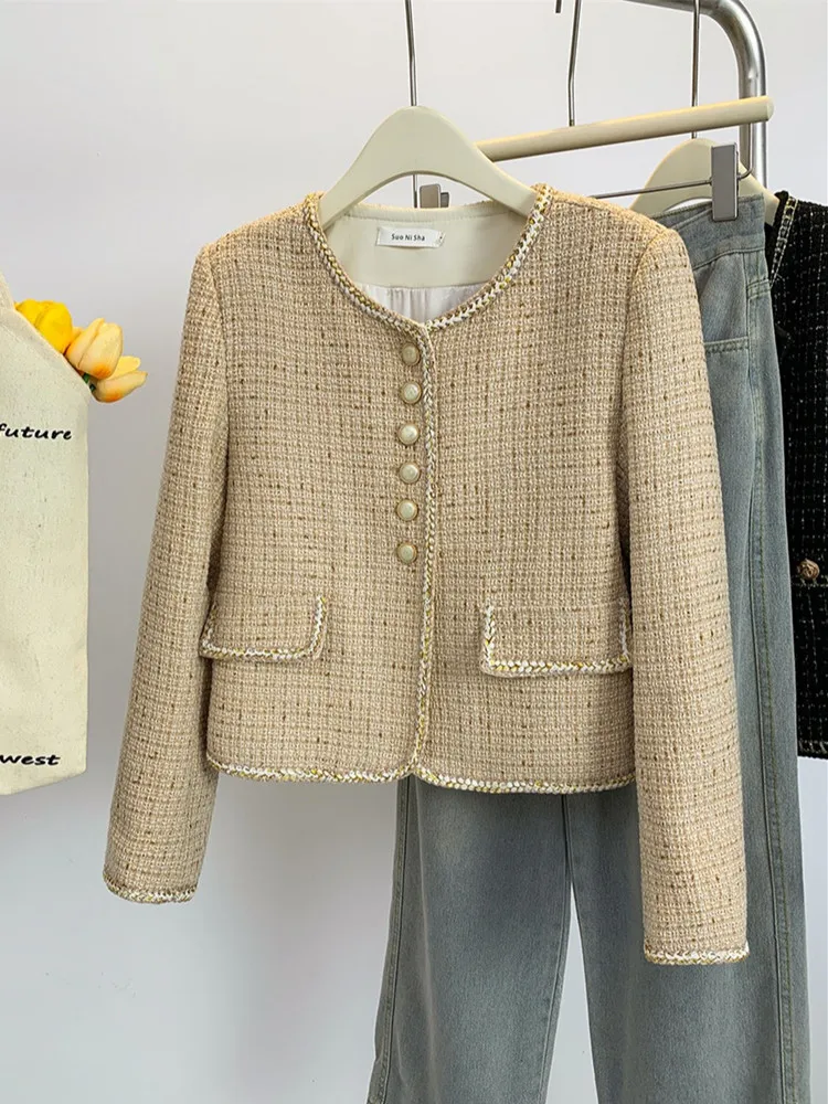 Vintage Color collision Splicing Tweed Jacket Women Autumn New Single-breasted Woolen Coat Outwear Tops Female Casaco Jaqueta