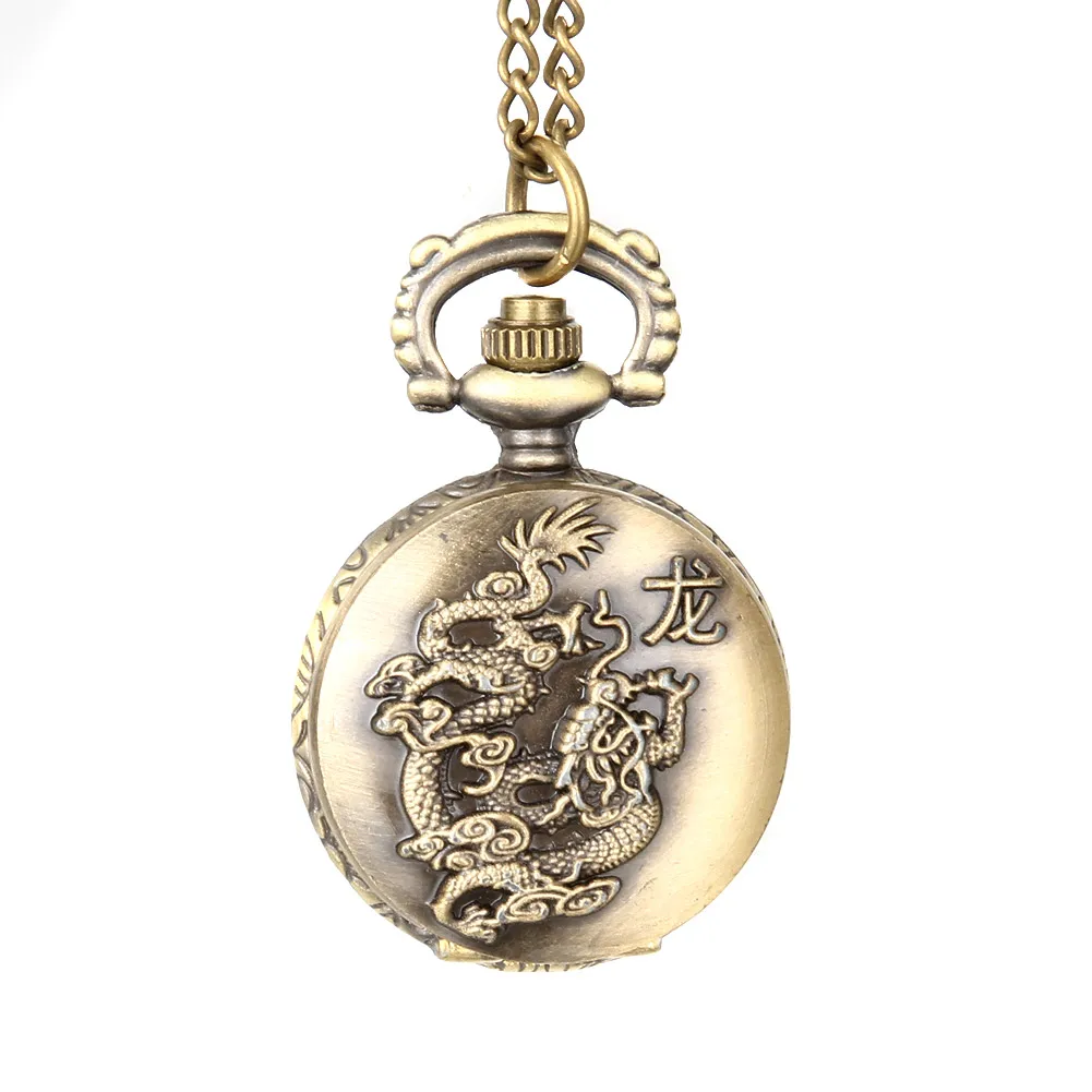 Fashion Unisex Vintage Quartz Pocket Watch Alloy Flying Dragon Necklace Pendant Men Women Sweater Chain Clock Gifts LL@17