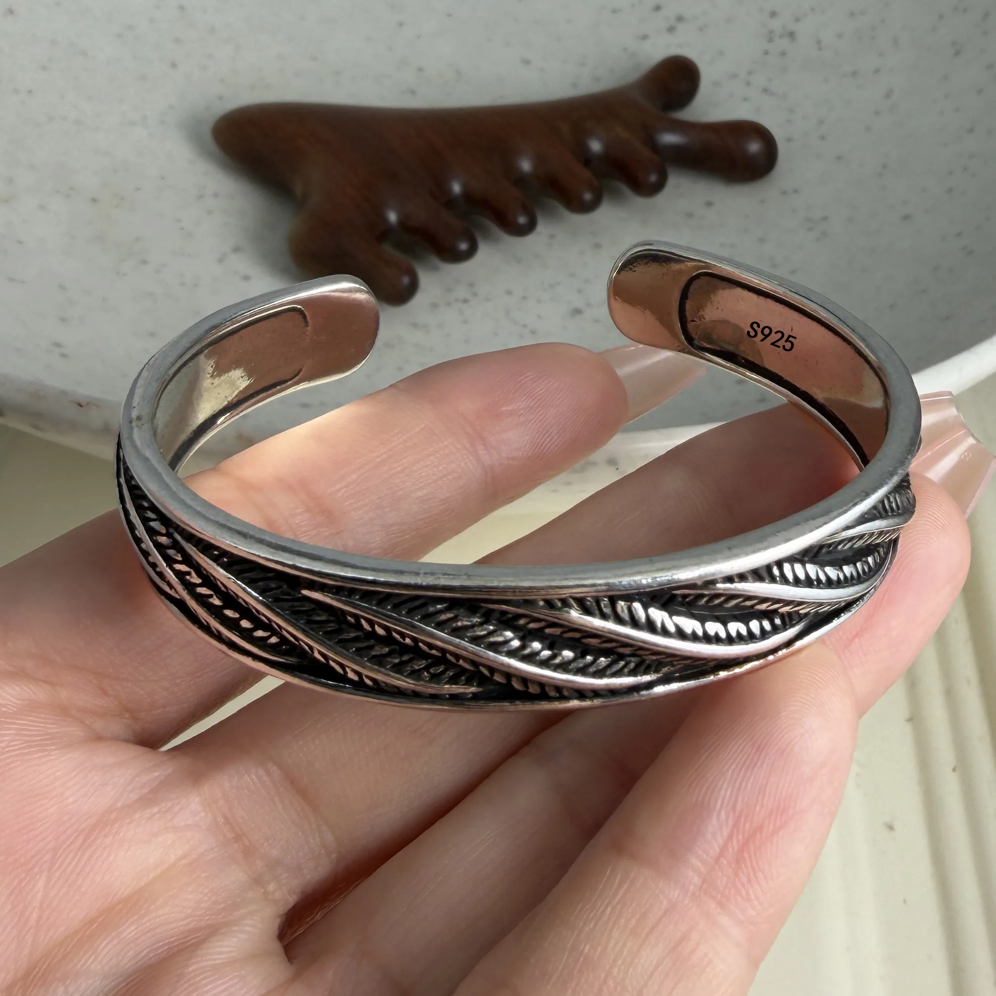 100% Solid 925 Sterling Silver Retro Bracelet for Women Geometric  Handmade Wide Fether Strip Bracelet Birthday Gift