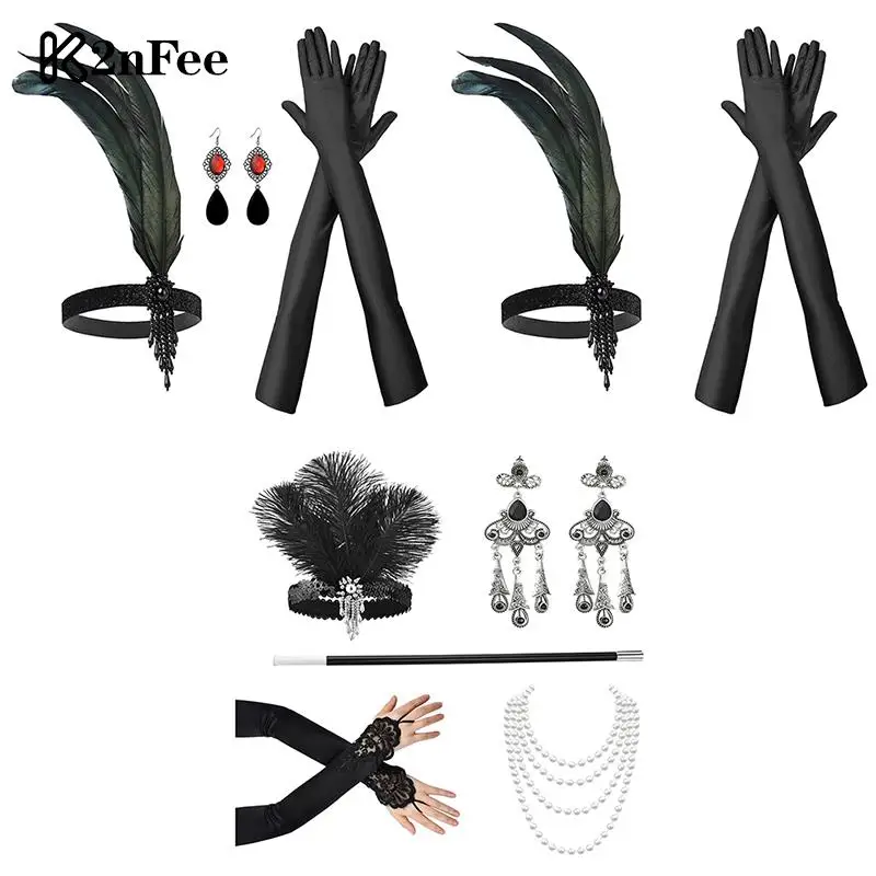 1Set 1920 Cosplay Flapper Halloween Charleston Traje Preto Headpiece Grande Gatsby Pena Headband 1920s Gatsby Acessórios