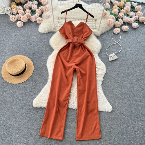 Imagen 2 del producto Monos largos de verano para mujer, cuello en V, sin mangas, diseño de cinturón, pantalones sueltos de piernas anchas, monos OL de nueva moda 2025