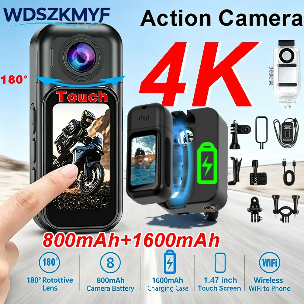 4K/1080P Mini WiFi Body Vlog Camera With Charging Case Portable Sports Cam for Motorcycle Bike Pet Cycling Outdoor Recording