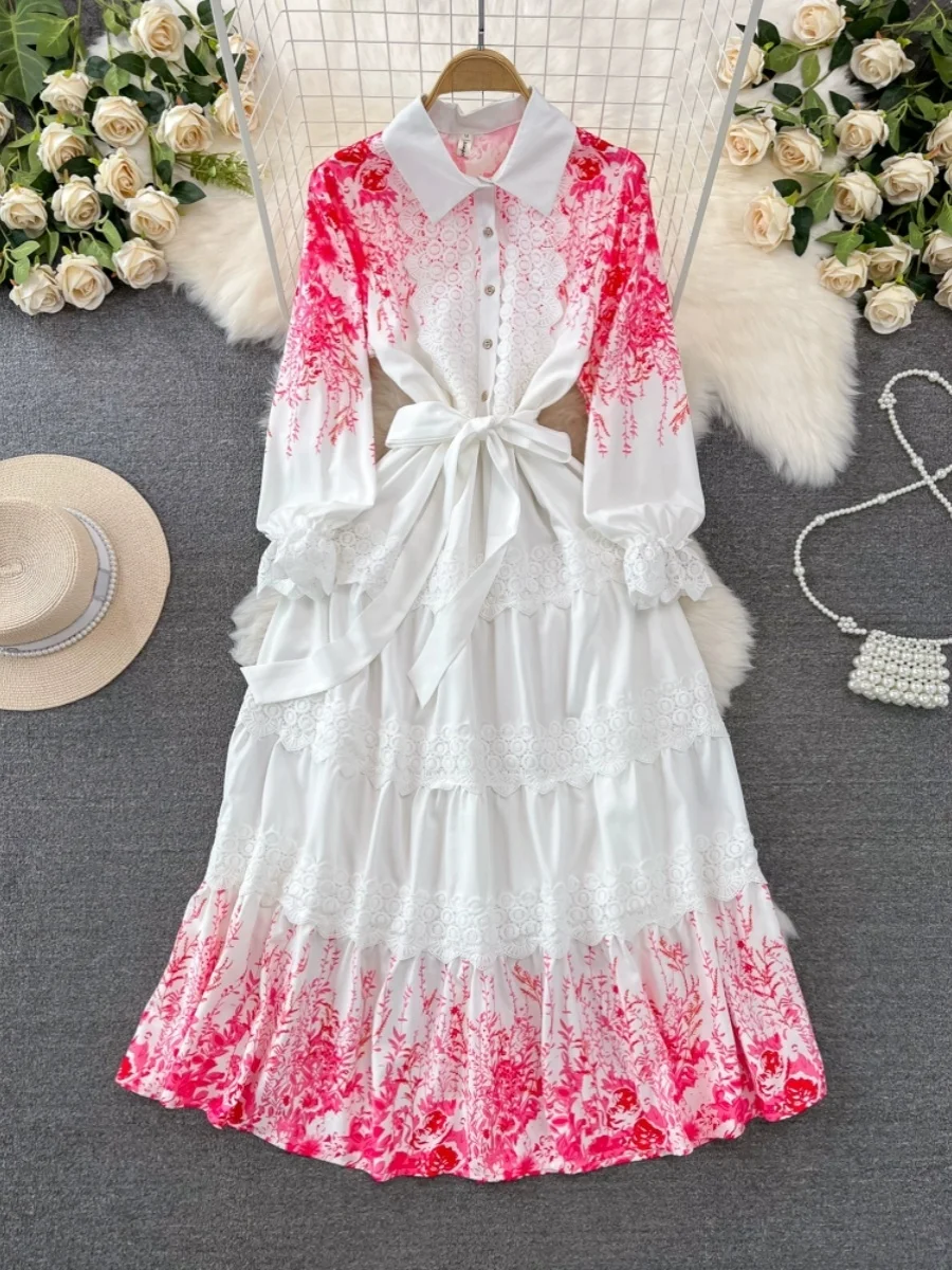 Retro Court Sle Lantern Long Sve Collared Waist Cinched Slim A-Line Lace Patchwork irt Dr Ele Midi Skirt