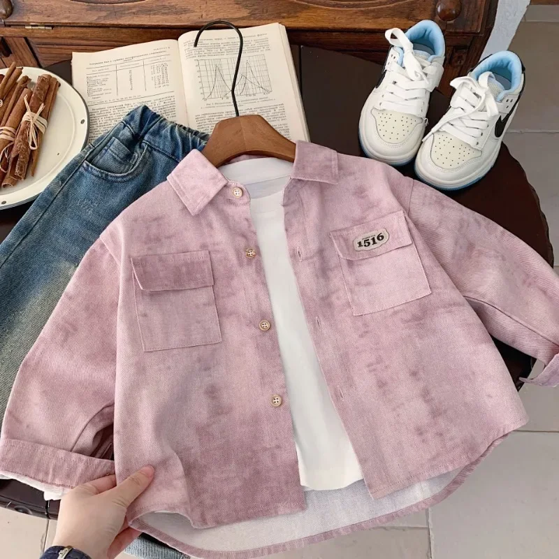 2024 Autumn New Kids Shirt Children\'s Clothing Detie-dyed Denim Shirt Coat Boys Turn-down Collar Casual Tops