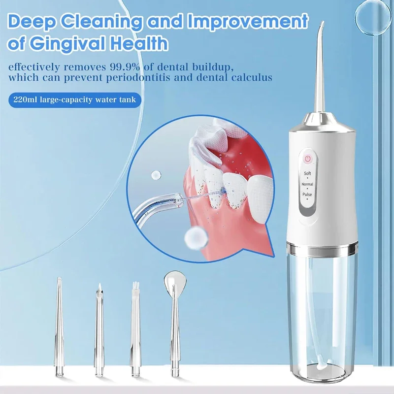 New Smart Electric Oral Irrigator w/4 Jet Tips & 3 Modes Cordless USB Rechargeable Portable for Deep Cleaning Plaque Removal