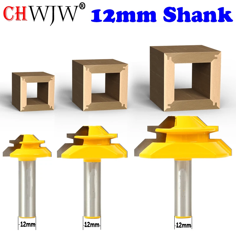 CHWJW 1PC 12mm Shank Industrial Quality Medium Lock Miter Router Bit with 45Degree 3/8-1 Inch Stock woodworking milling cutter