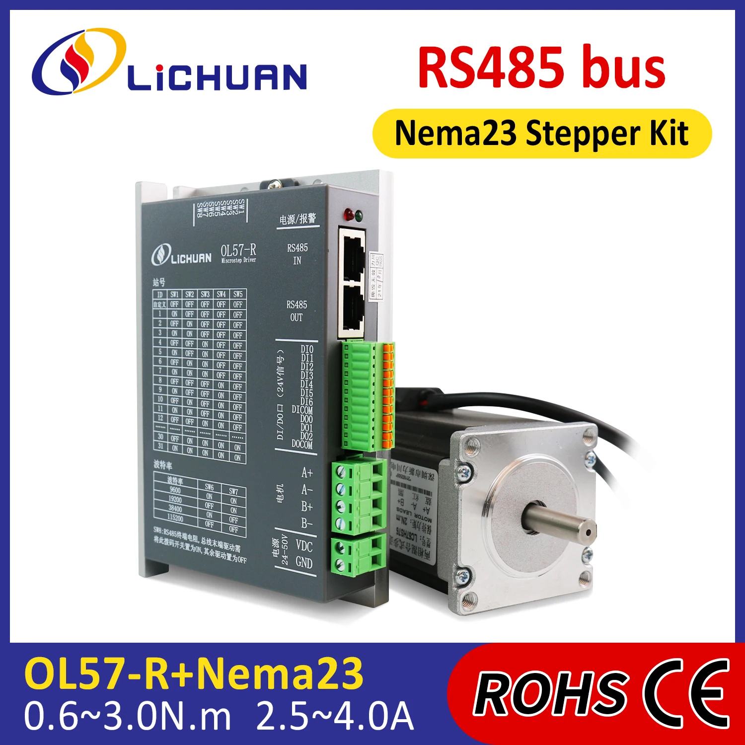 Lichuan DC24V ~ 50V 2.5/3/4A 0.6/1/1.5/2/2.2/2.6/3N.m Контроллер шагового двигателя 2-фазный комплект драйверов шагового двигателя Nema23 с открытой петлей