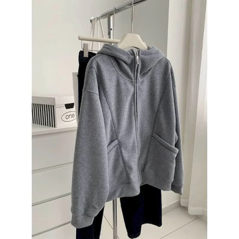 Casual Sweatshirt Jackets Hooded Velvet Fleece Korean Style Long Sleeve Sporty Tops 2026 Autumn Winter Women Aesthetic Clothes