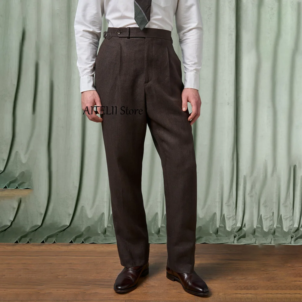 

Мужские брюки пошиття для мужчин, ткань в стиле ретро с узором «елочка», прямые брюки с высокой талией, повседневные брюки, рабочие брюки, уличная классическая одежда