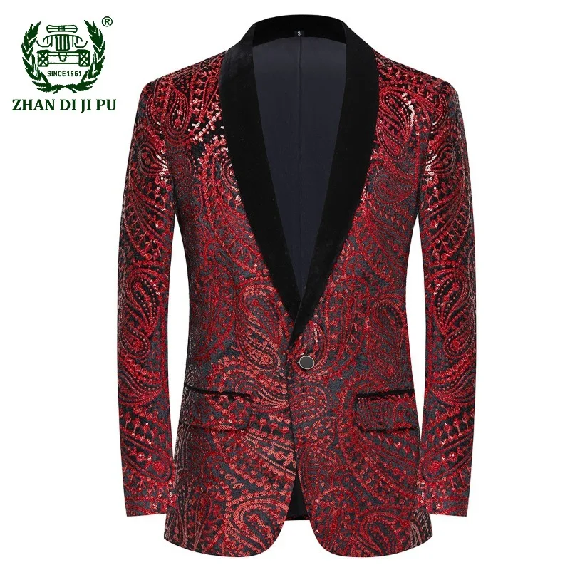 

Mens Jacket Luxury Paisley Floral Colorful Sequin Velvet Suit Shawl Collar One Button Dress Blazers Wedding Party Dinner Tuxedo