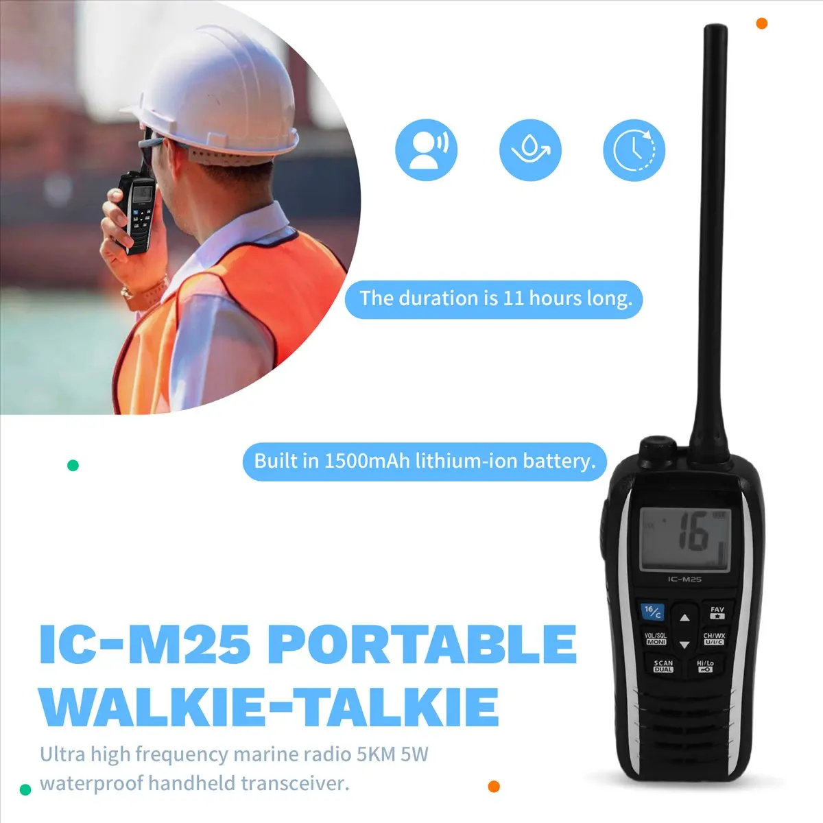 วิทยุสื่อสาร SWXF IC-M25 แบบพกพาสำหรับการเดินเรือ กันน้ำ ลอยน้ำได้ ใช้คลื่นความถี่วิทยุสื่อสารทางทะเล (VHF) พร้อมหน้าจอ LCD และปลั๊กแบบกันน้ำมาตรฐานยุโรป