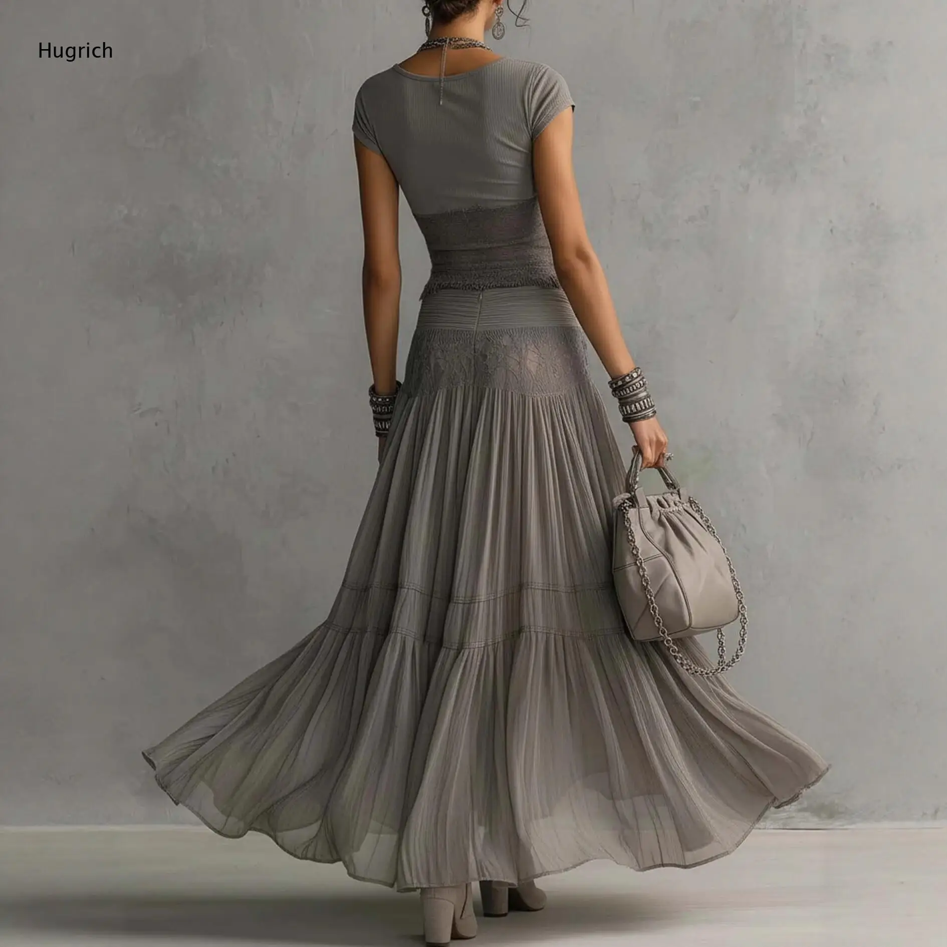 Boho Style Lace Fringe Crop Tee High Rise Ruched Waist Tiered Crinkled Chiffon Long Skirt Semi Sheer Flowy Two Piece Set