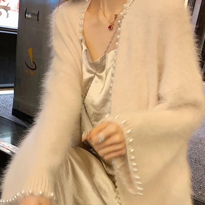 Soft Lady Mink Cashmere Sweater Coat Mohair Furry Knitted Cardigan Loose Beaded Trimmed with Pearls Jacket Tops Mujer Sueter