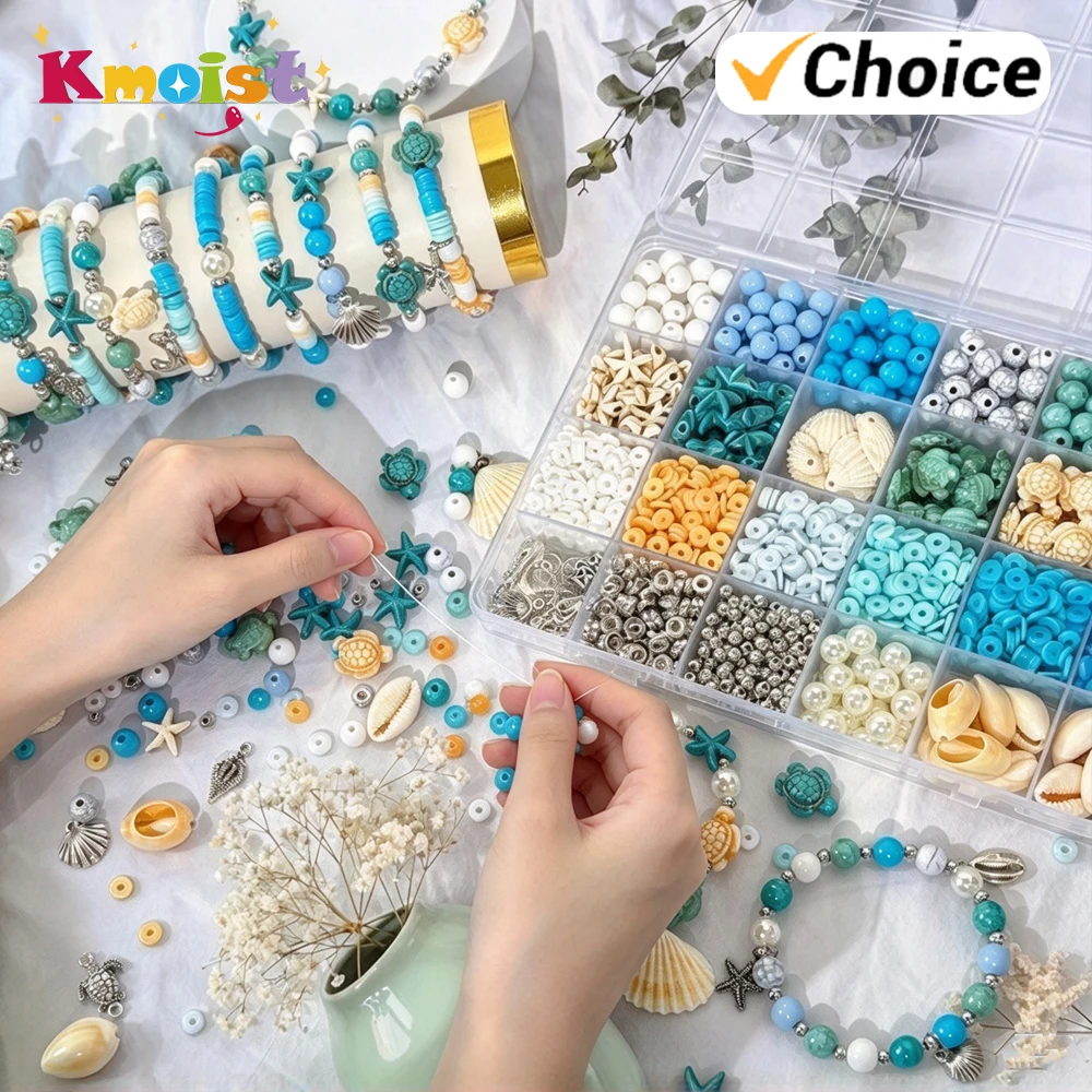 DIY Ocean Blue Series Beads Turquoise Beach Bead Kit Turtle Shell Starfish Shape Beads for Handmade Jewelry Bracelets Earring