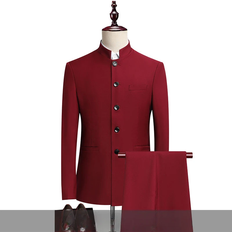 High-quality Chinese Style Men's Suit Standing Collar Slim Fit Classic Chinese Tunic Suit 2 Pcs Set Red Wedding （Blazer+Pants）