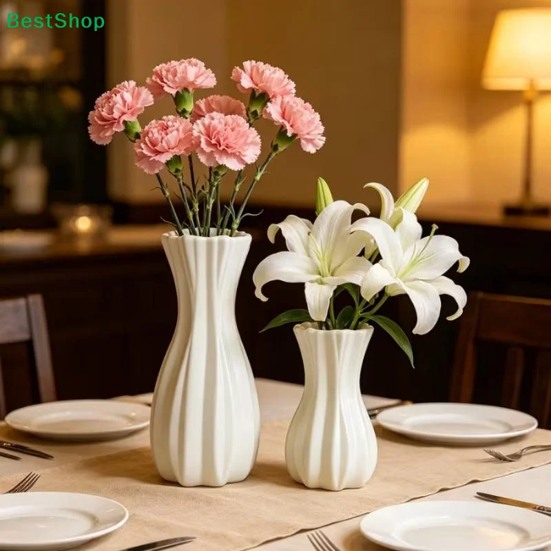 Matte White Striped Plastic Vase Shatterproof Hydroponic Container Lightweight Home Decor For Flowers, Plants Tabletop Display