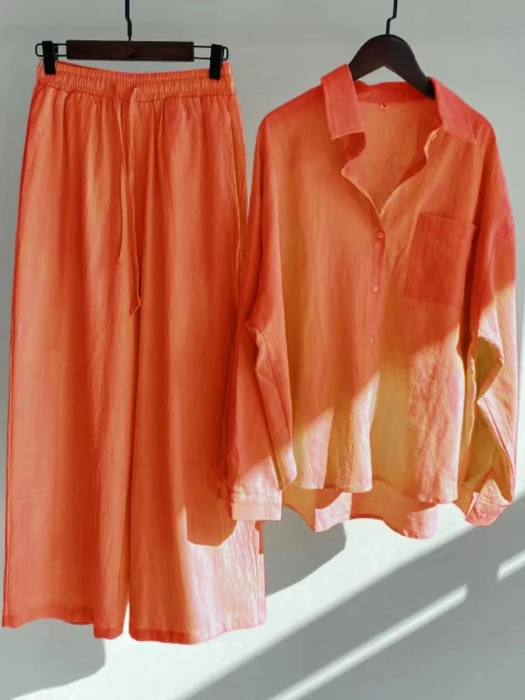 

2023 Cotton Linen Women's Pijamas Set Sweatshirt Loose Sleepwear Women's 2pcs Long Sleeve Pants Set Retro Oversize Suit Pockets