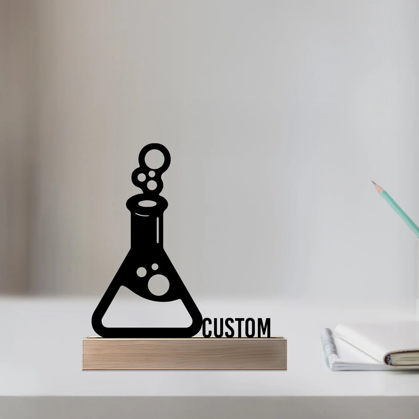 1pc Fashion Chemical instruments Custom Name Metal Statue With Wood Base Iron Ornament Tin Sculpture Office Desk