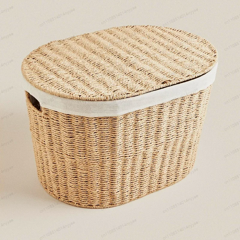 Woven Laundry Basket with Lid Paper Rope Storage Hamper Foldable Clothes Organizer for Bedroom Bathroom