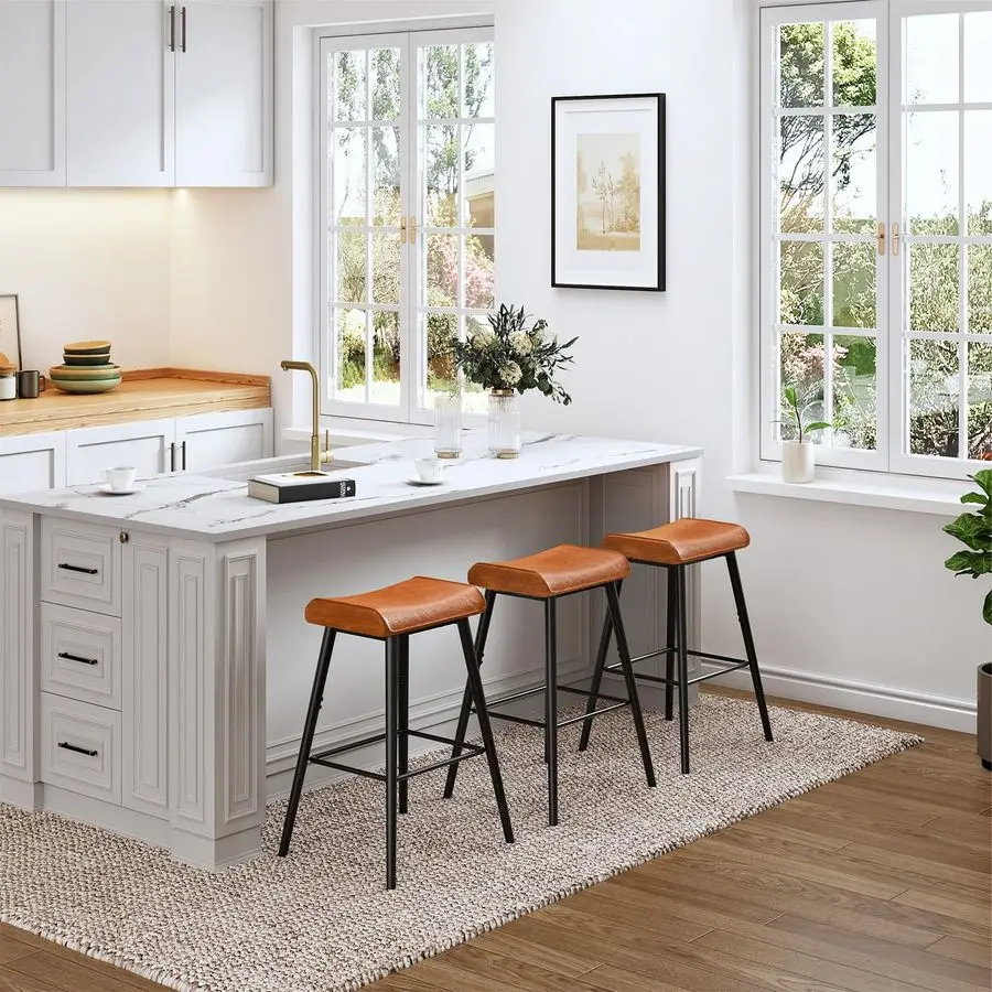 Bar Stools, 24.8 Set of 2 Barstools, PUPadded Tall Stools with Foot Support, Kitchen Breakfast Seats, Counter Height Bar Chairs,