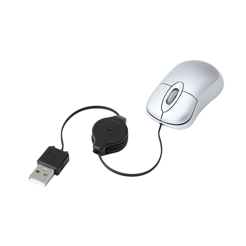 Mini USB Wired Mouse Retractable Cable Tiny Small Mouse 1600 DPI Optical Compact Travel Mice for 98 2000 XP Vista Ve (Silver)