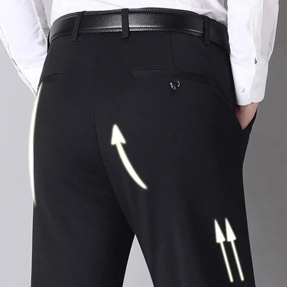 Calça reta de pelúcia quente masculina, calça elegante para negócios, cintura alta, crotch profundo, bolsos aconchegantes, terno com bolsos