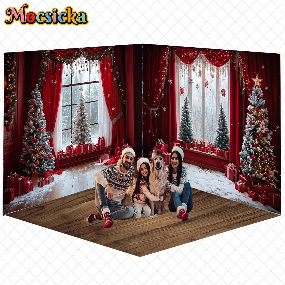 

Mocsicka Christmas Tree Backdrop Photography Winter Snow Red Curtains Window Decor Family Holiday Party Photo Backgrounds Banner