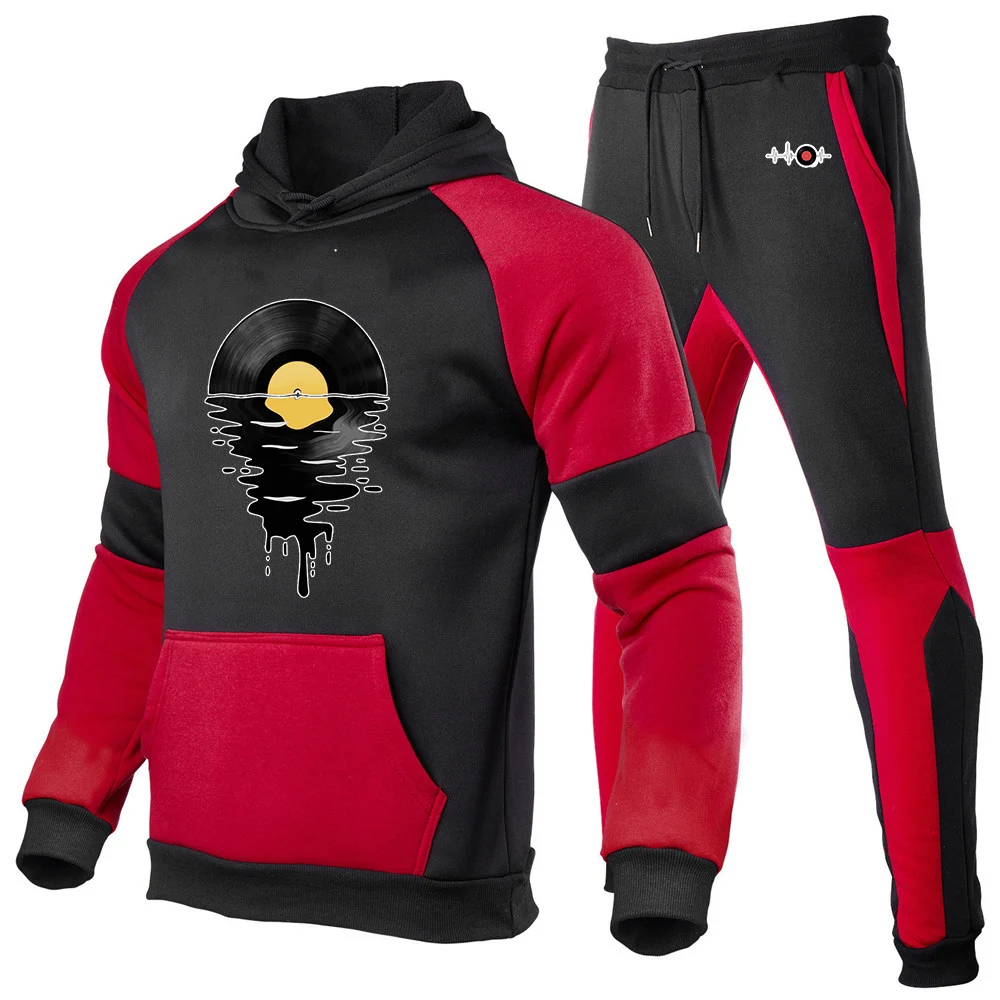 2025 Spring Autumn Music Lover New Men Sports Patchwork Cotton DJ Phonograph Record Hooded Pullover+Casual Sweatpants Suit
