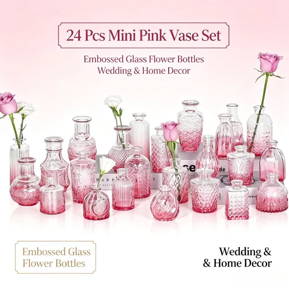European Style Gradient Glass Bud Vase Assorted Shapes Vintage Embossed Small Flower Hydroponic Vases Home Table Decor