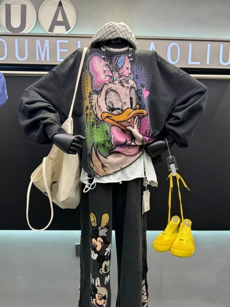 2025 Autumn New Heavy Sequin Cartoon Y2k Sweatshirt For Women's Loose Versatile Fake Two-Piece Pullover Hoodies Jacket Outerwear