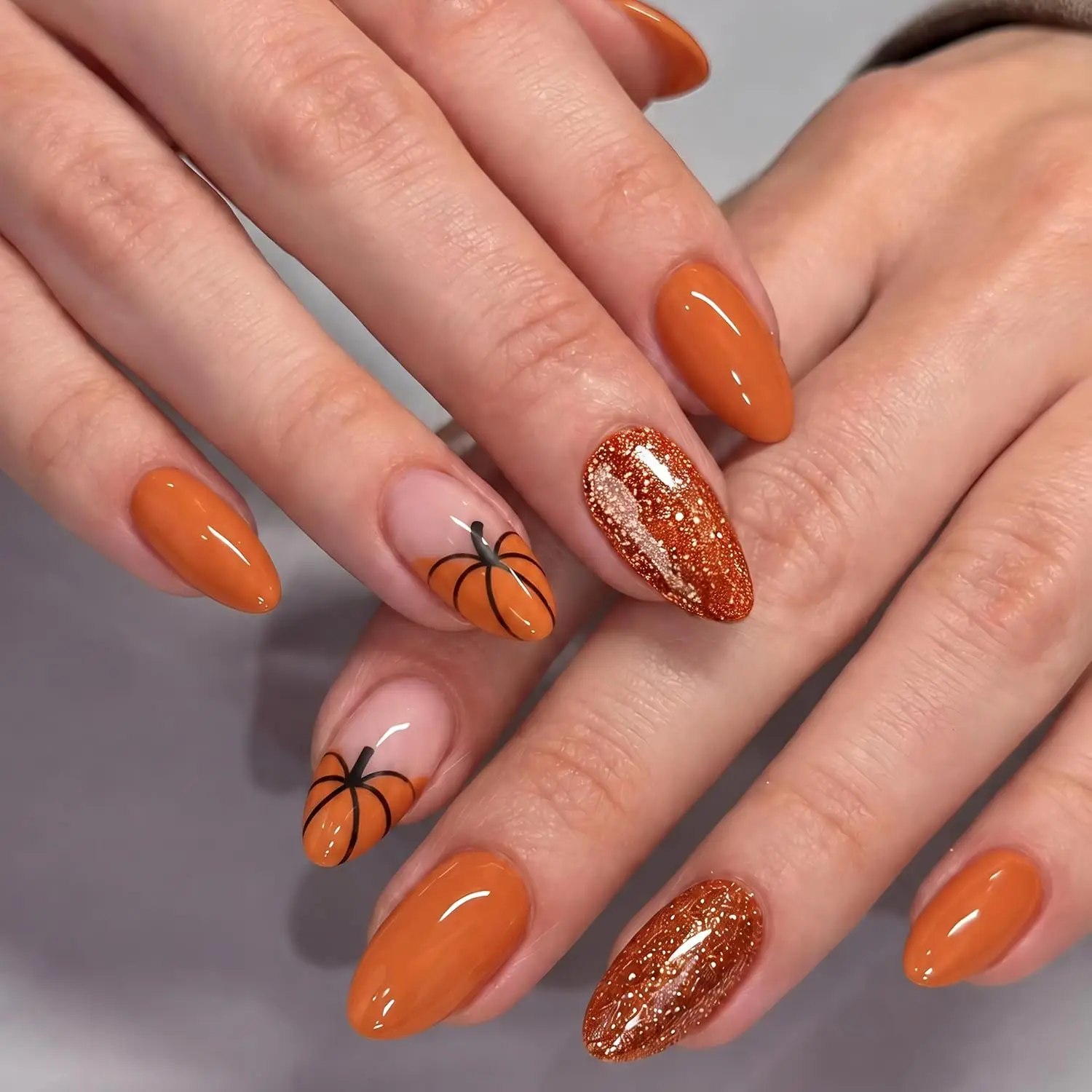 Halloween Press On Nails Short Almond Pumpkin Fake Nails Soft Gel Nail Tips Acrylic Press on Nails Pumpkin Maple Leaf Fake Nail