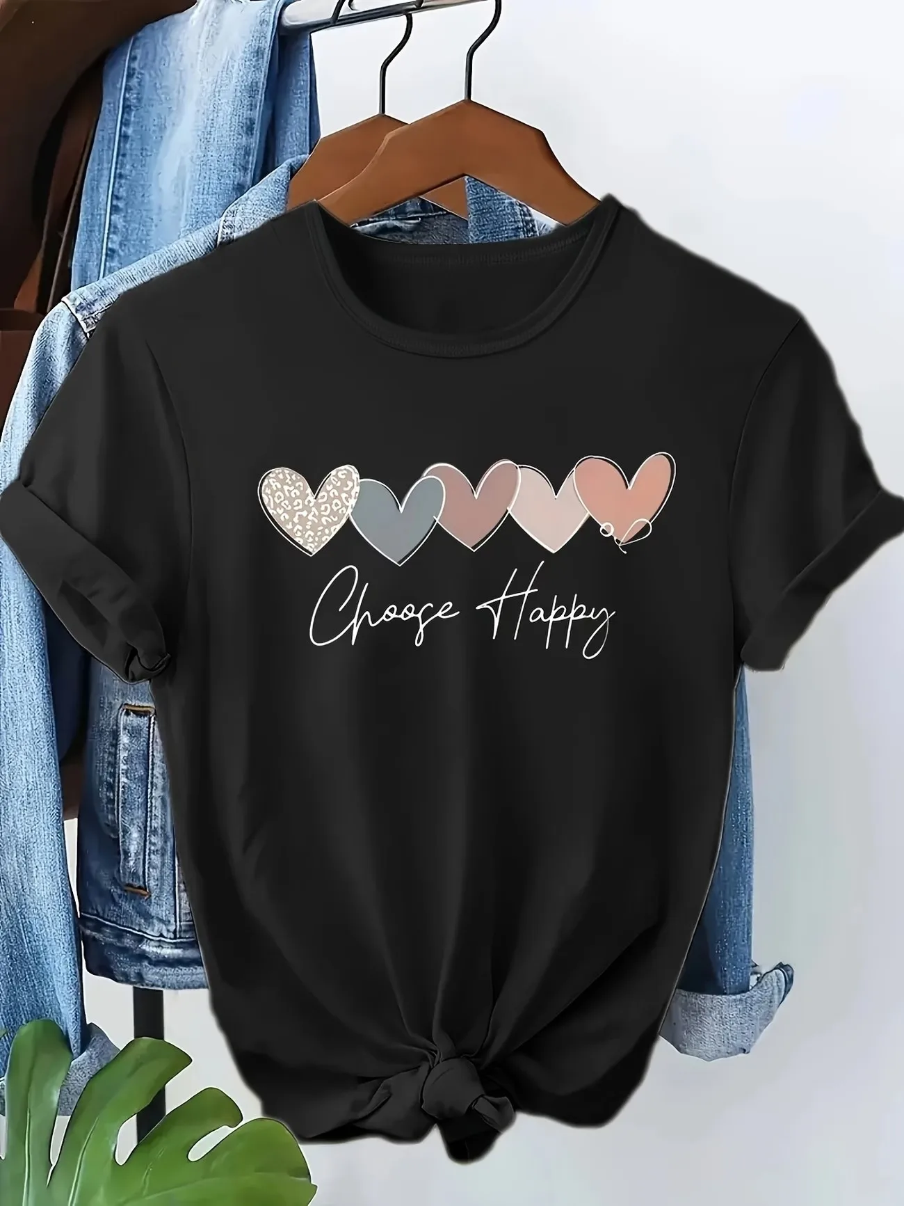Modisches T-Shirt „Choose Happy“ mit Herz- und Buchstabendruck, kurzärmeliges T-Shirt, Kleidung, Top, T-Shirt, Sommer-Shirt für Damen und Mädchen