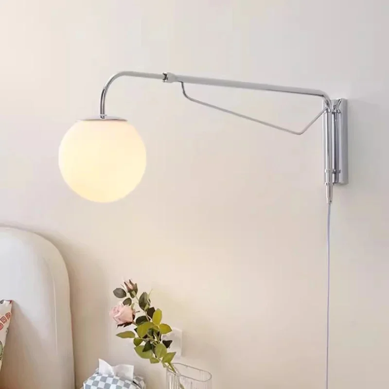 Swing Arm Wall Sconce Adjustable Long Arm Wall Lamp Milky White Glass Globe Shade Plug‑in Wall Light For Bedroom Bedside Reading