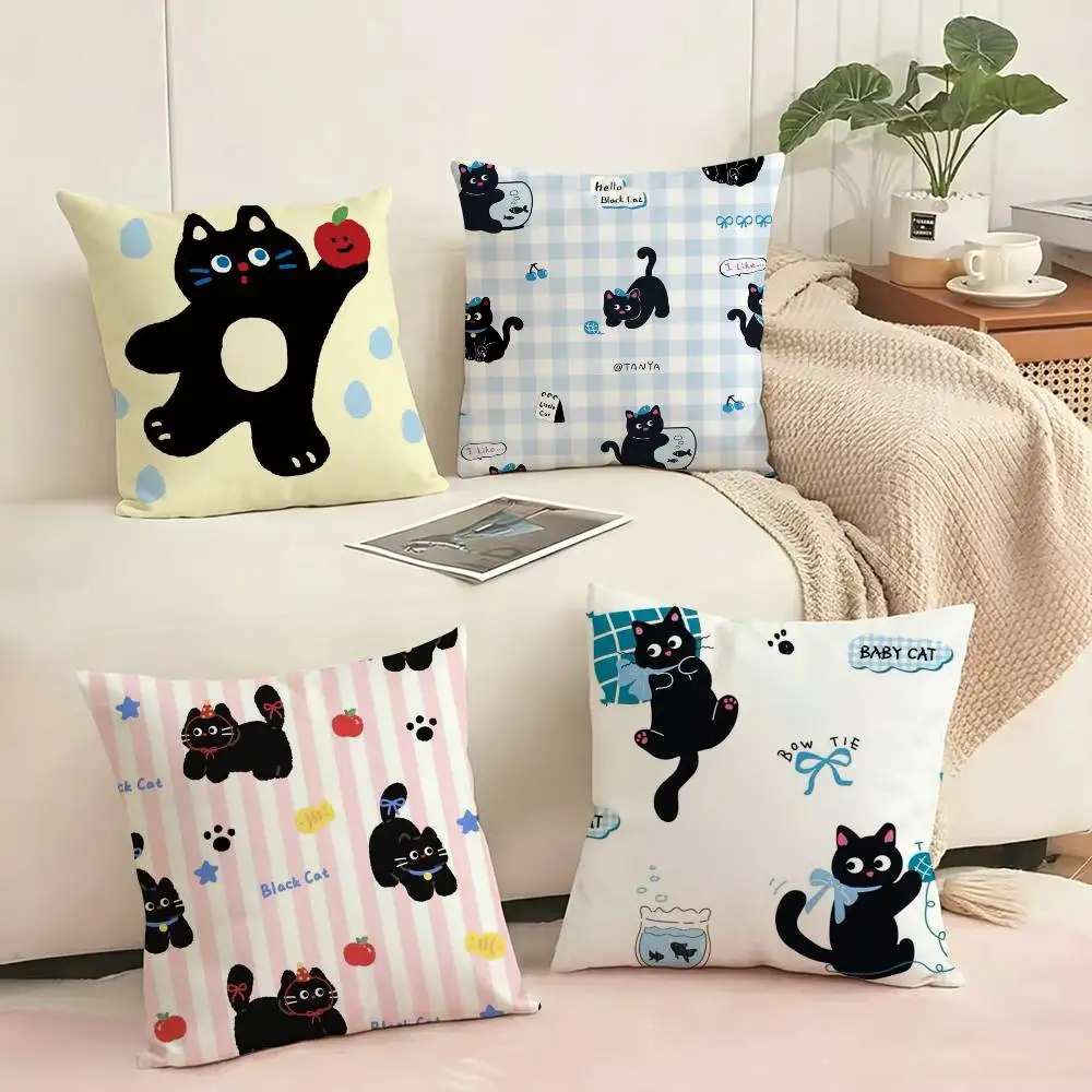 

Cartoon Black Cat Pillow Case Square Double-Sided Sofa Cushion Cover Bedroom Bedside Pillow Gift