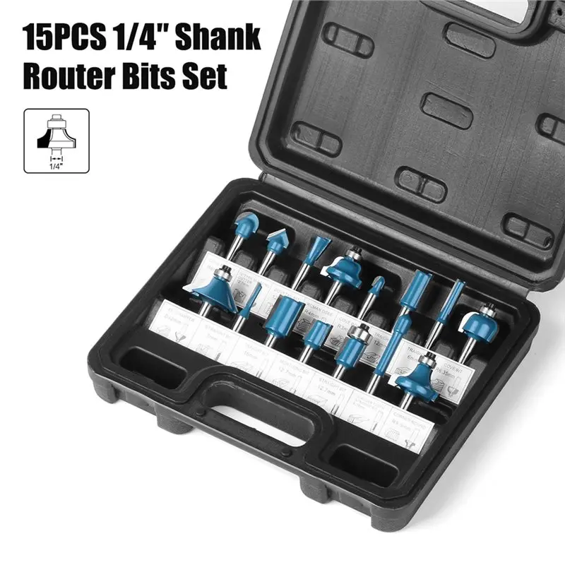 ABRU-For Woodworking Router Bit Set- 15Pcs 1/4 Inch Shank Trimming& Face Milling Cutter Bits Included